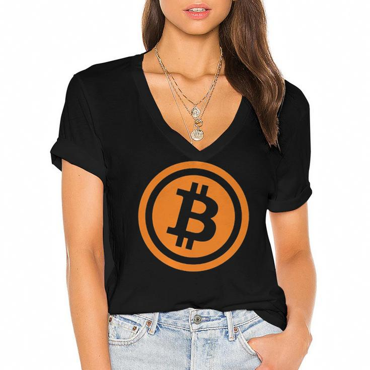 Bitcoin Logo Emblem Cryptocurrency Blockchains Bitcoin  Women's Jersey Short Sleeve Deep V-Neck Tshirt