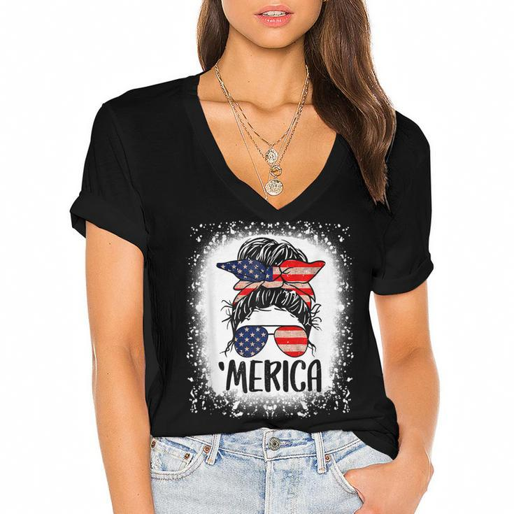 Bleached Merica 4Th Of July Girl Sunglasses Messy Bun  Women's Jersey Short Sleeve Deep V-Neck Tshirt