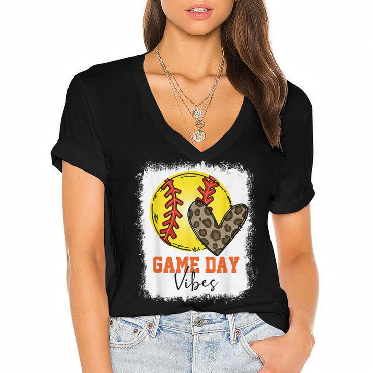 Bleached Softball Game Day Vibes Softball Mom Game Day  Women's Jersey Short Sleeve Deep V-Neck Tshirt