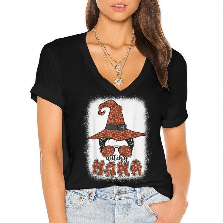 Bleached Witchy Mama Halloween Messy Bun Witch Mom Spooky  Women's Jersey Short Sleeve Deep V-Neck Tshirt