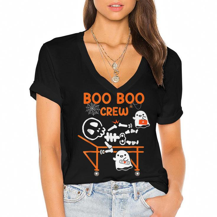 Boo Boo Crew Ghost Doctor Paramedic Emt Nurse Halloween  Women's Jersey Short Sleeve Deep V-Neck Tshirt