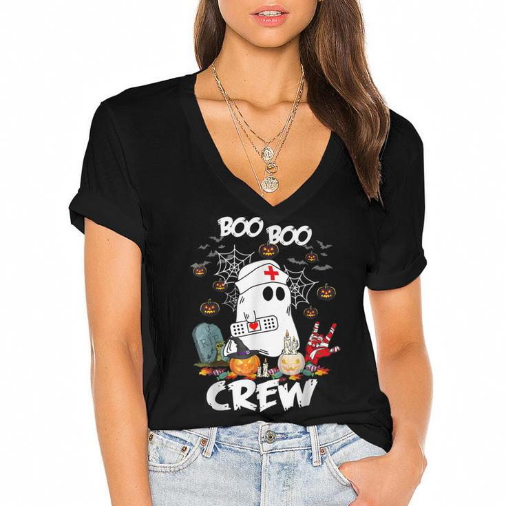 Boo Boo Crew Ghost Nurse Retro Halloween 2022 Nursing Rn  Women's Jersey Short Sleeve Deep V-Neck Tshirt