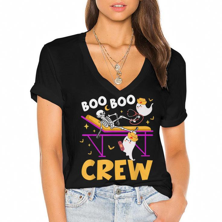 Boo Boo Crew Nurse  Funny Ghost Women Halloween Nurse  Women's Jersey Short Sleeve Deep V-Neck Tshirt