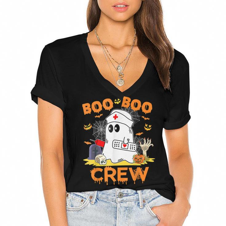 Boo Boo Crew Nurse Halloween Vibes Halloween Costume  Women's Jersey Short Sleeve Deep V-Neck Tshirt