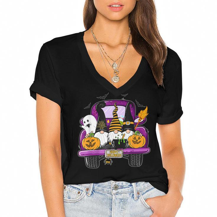 Boo Pumpkin Witch Gnomes In Halloween Truck Funny Holiday  Women's Jersey Short Sleeve Deep V-Neck Tshirt