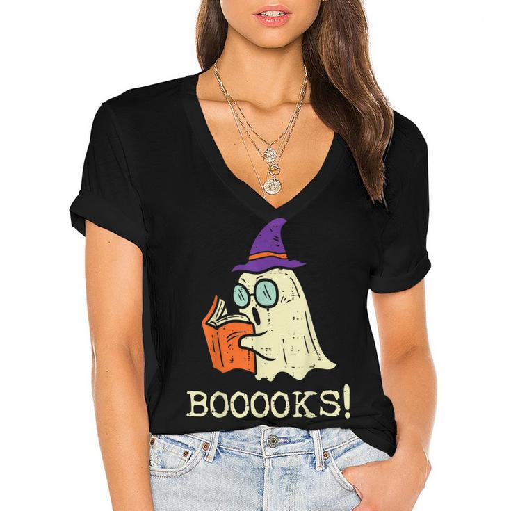 Books Ghost Boo Funny Reading Halloween Teacher Librarian  Women's Jersey Short Sleeve Deep V-Neck Tshirt