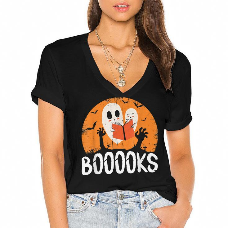 Boooks Funny Halloween Ghost Bookworm Spooky Season Reading  Women's Jersey Short Sleeve Deep V-Neck Tshirt