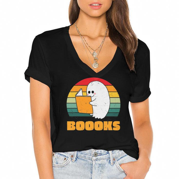 Boooks Ghost Funny Librarian Book Lovers Halloween Costume Women's Jersey Short Sleeve Deep V-Neck Tshirt
