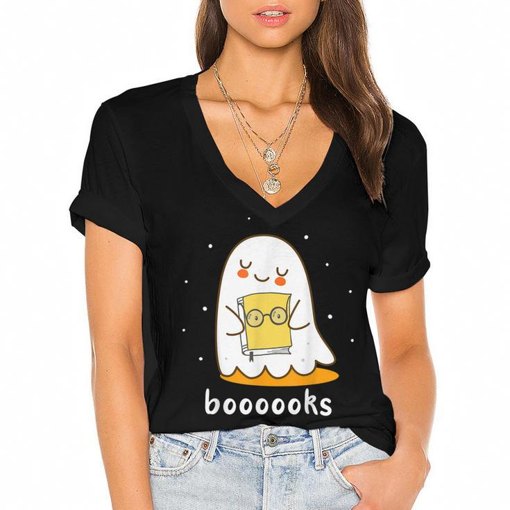 Booooks Cute Ghost Reading Library Books Halloween Teacher  Women's Jersey Short Sleeve Deep V-Neck Tshirt
