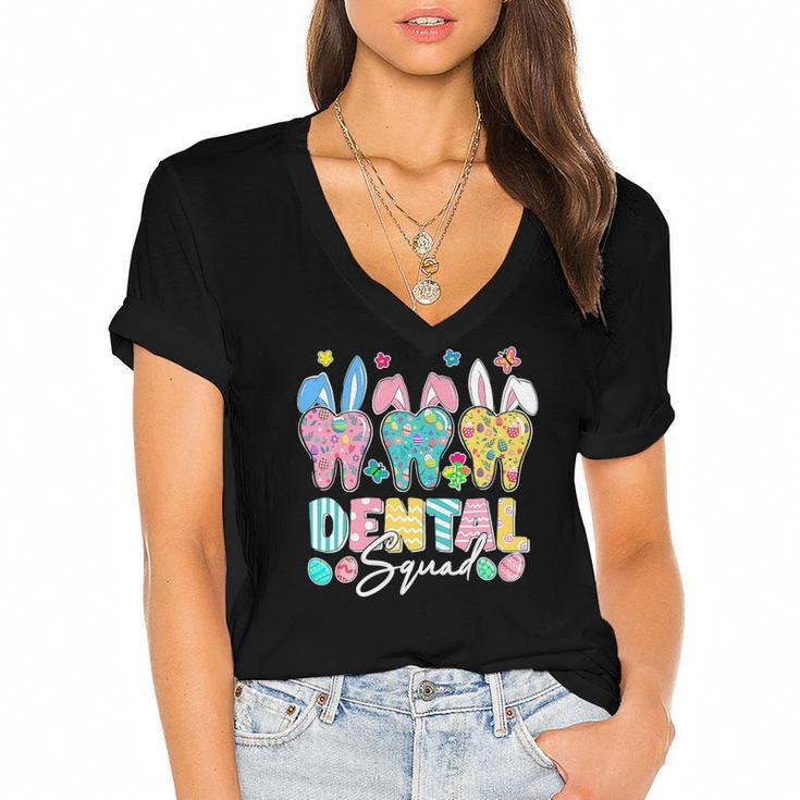 Bunny Ears Cute Tooth Dental Squad Dentist Easter Day Women's Jersey Short Sleeve Deep V-Neck Tshirt