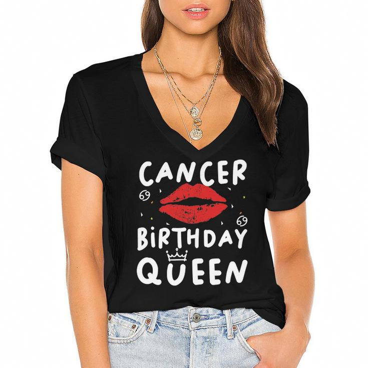 Cancer Birthday Queen Red Lips Women's Jersey Short Sleeve Deep V-Neck Tshirt