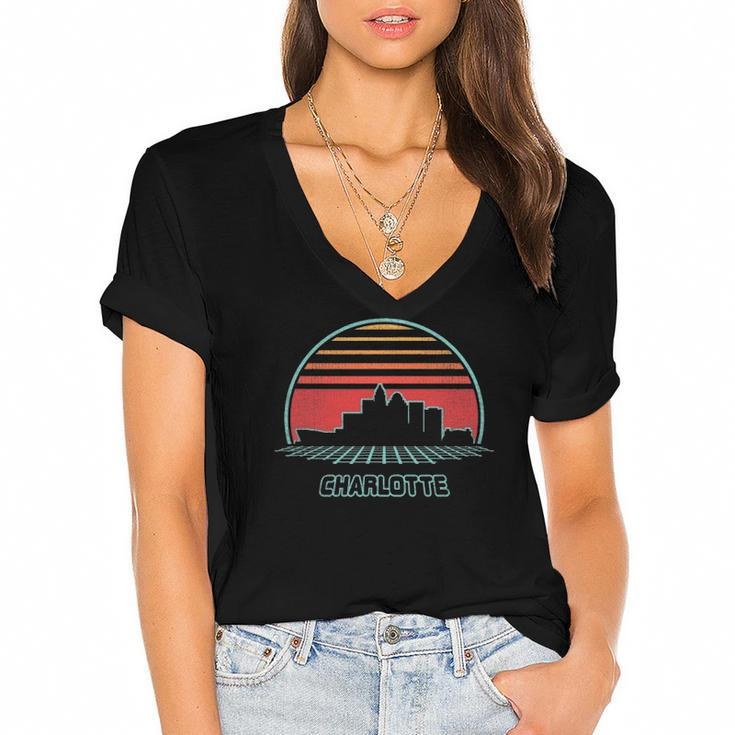 Charlotte City Skyline Retro 80S Style Souvenir Gift Women's Jersey Short Sleeve Deep V-Neck Tshirt