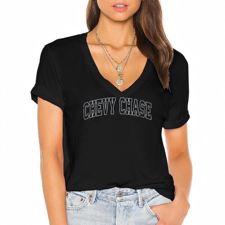 Chevy Chase Maryland Md Vintage Sports Design Navy Design Women's Jersey Short Sleeve Deep V-Neck Tshirt