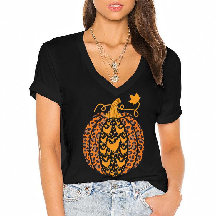 Chicken Pumpkin Leopard Print Halloween Costume Fall Autumn  Women's Jersey Short Sleeve Deep V-Neck Tshirt