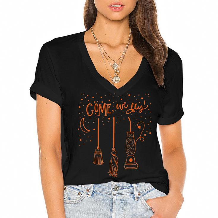 Come We Fly Basic Witch Broom Happy Halloween  Women's Jersey Short Sleeve Deep V-Neck Tshirt