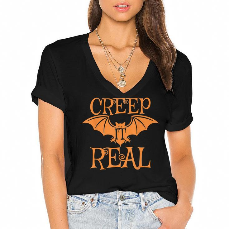 Creep It Real Halloween Bat Pumpkin  Women's Jersey Short Sleeve Deep V-Neck Tshirt