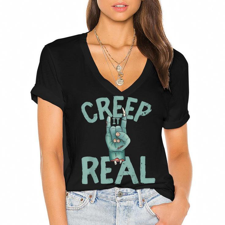 Creep It Real Rocker Zombie Halloween Women's Jersey Short Sleeve Deep V-Neck Tshirt
