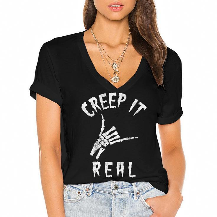 Creep It Real Skeleton Hand Shaka Funny Spooky Halloween   Women's Jersey Short Sleeve Deep V-Neck Tshirt