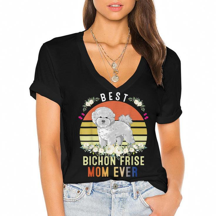 Cute Best Bichon Frise Mom Ever Retro Vintage Puppy Lover  Women's Jersey Short Sleeve Deep V-Neck Tshirt