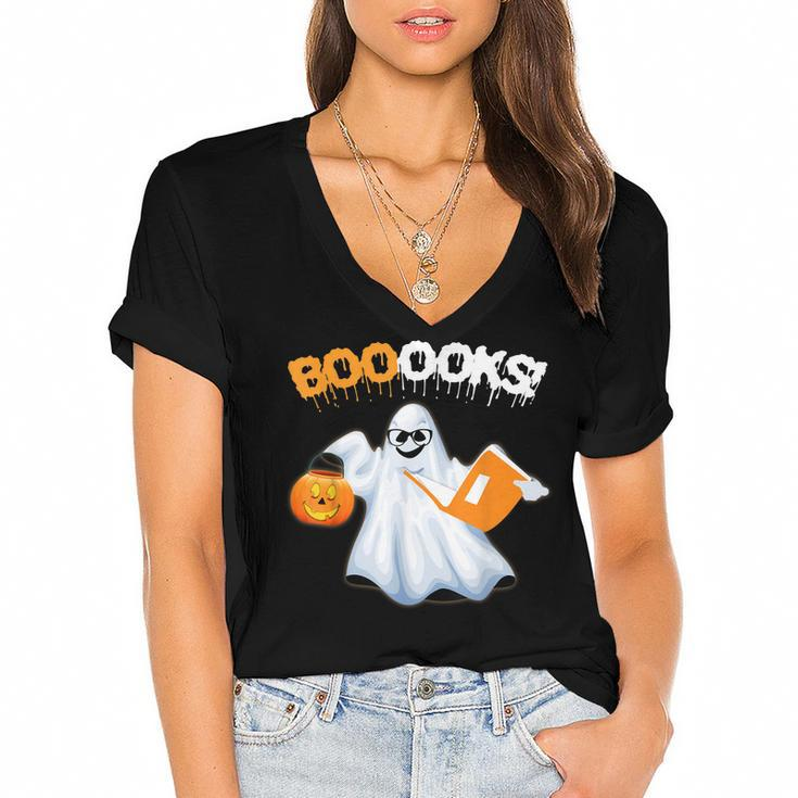Cute Booooks Ghost Boo Read Books Library Teacher Halloween  Women's Jersey Short Sleeve Deep V-Neck Tshirt
