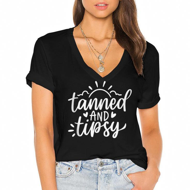 Cute Summer Tanned And Tipsy Funny Salty Beaches Girls Trip  Women's Jersey Short Sleeve Deep V-Neck Tshirt