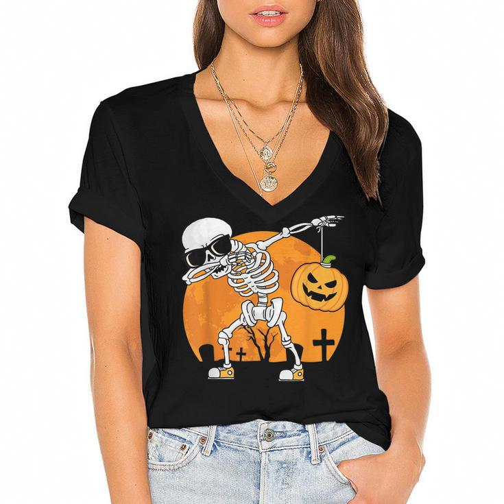 Dabbing Skeleton Funny Halloween Pumpkin Skeleton  Women's Jersey Short Sleeve Deep V-Neck Tshirt