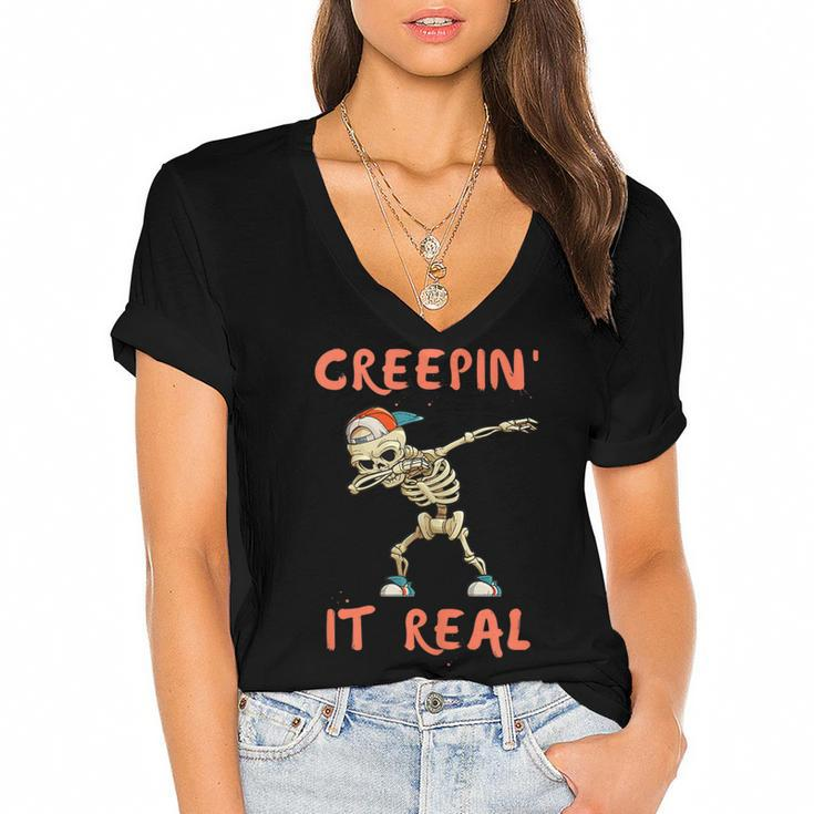 Dancing Skeleton And Dab Press For Halloween  Women's Jersey Short Sleeve Deep V-Neck Tshirt