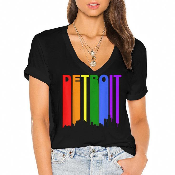Detroit Michigan Rainbow Skyline Lgbt Gay Pride  Women's Jersey Short Sleeve Deep V-Neck Tshirt