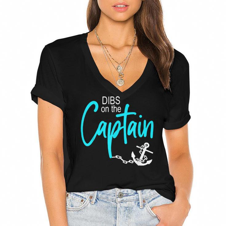 Dibs On The Captain Fire Captain Wife Girlfriend Sailing  Women's Jersey Short Sleeve Deep V-Neck Tshirt