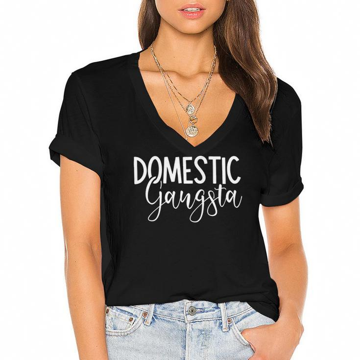 Domestic Gangsta Funny Mom Homemaker Gangster Mothers Day Women's Jersey Short Sleeve Deep V-Neck Tshirt