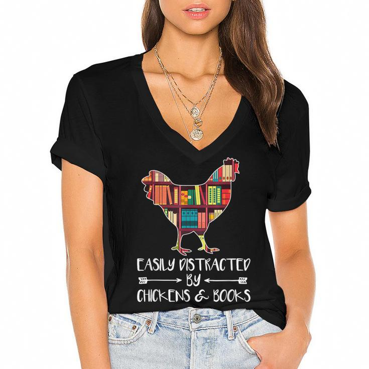 Easily Distracted By Chickens And Books - Chicken Book Lover  Women's Jersey Short Sleeve Deep V-Neck Tshirt