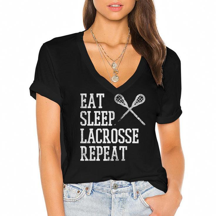 Eat Sleep Lacrosse Repeat Funny Lax Player Men Women Kids Women's Jersey Short Sleeve Deep V-Neck Tshirt