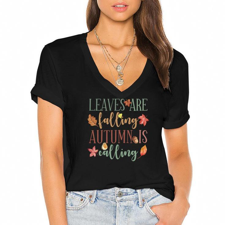 Fall Leaves Are Falling Autumn Is Falling Women's Jersey Short Sleeve Deep V-Neck Tshirt