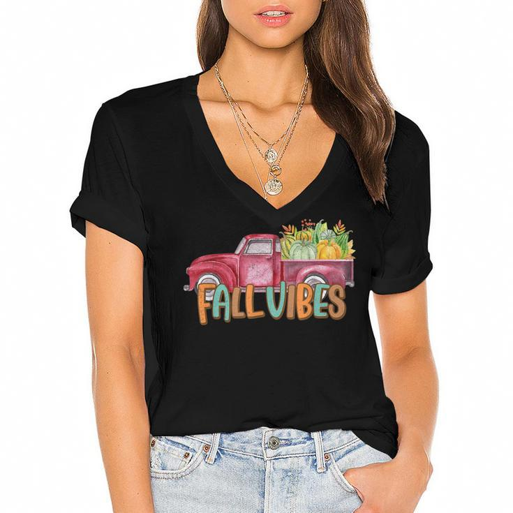 Fall Vibes Old School Truck Full Of Pumpkins And Fall Colors  Women's Jersey Short Sleeve Deep V-Neck Tshirt