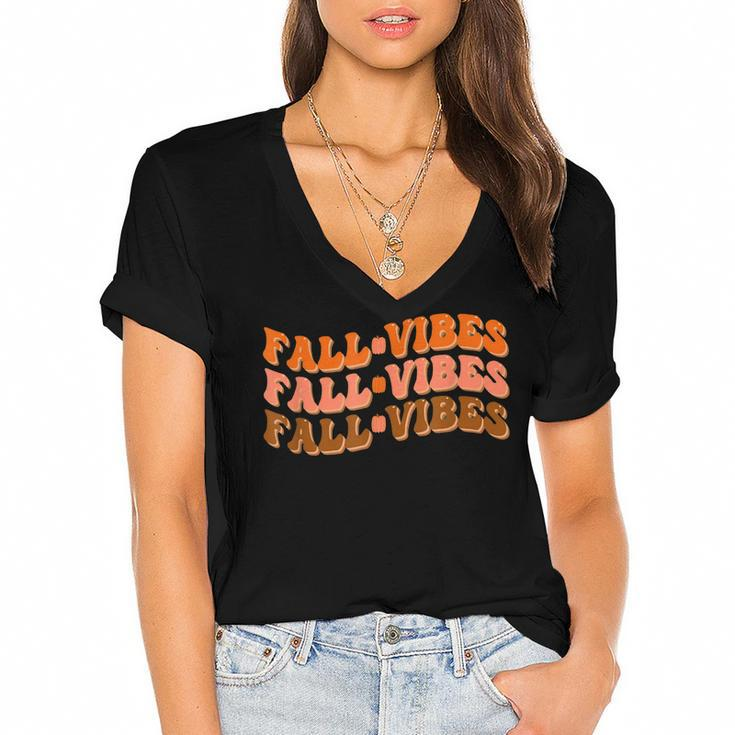 Fall Vibes Thanksgiving Retro Groovy  Women's Jersey Short Sleeve Deep V-Neck Tshirt