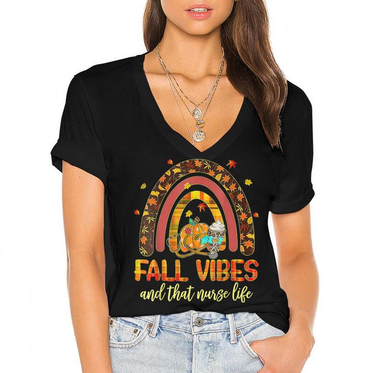 Fall Vibes That Nurse Life Nurse Fall Season Autumn Season  Women's Jersey Short Sleeve Deep V-Neck Tshirt