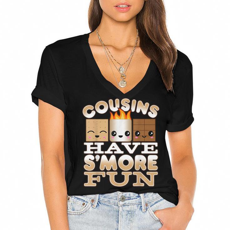 Family Camping  For Kids Cousins Have Smore Fun  Women's Jersey Short Sleeve Deep V-Neck Tshirt