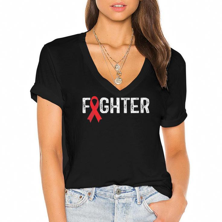 Fighter Blood Cancer Awareness Red Ribbon Women's Jersey Short Sleeve Deep V-Neck Tshirt