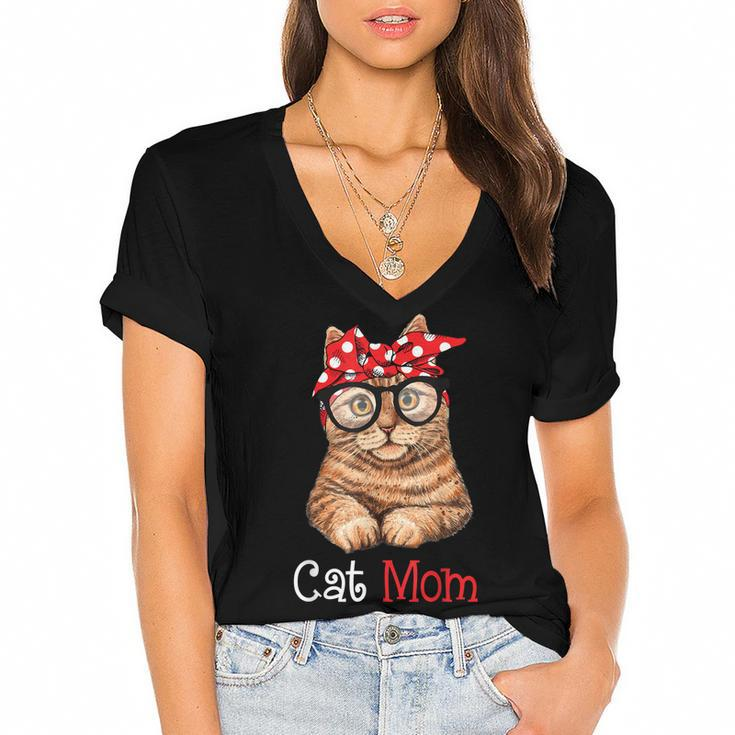 Funny Cat Mom Cat Lovers Mothers Day Mom Women Mothers Gift  Women's Jersey Short Sleeve Deep V-Neck Tshirt