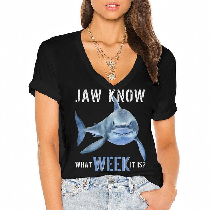 Funny Jaw Know What Week It Is Shark 2022 Funny Shark Kids  Women's Jersey Short Sleeve Deep V-Neck Tshirt