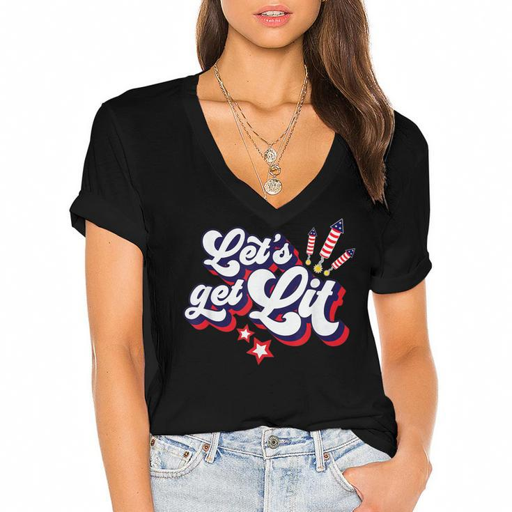 Funny Lets Get Lit Fireworks 4Th Of July Retro Vintage  Women's Jersey Short Sleeve Deep V-Neck Tshirt