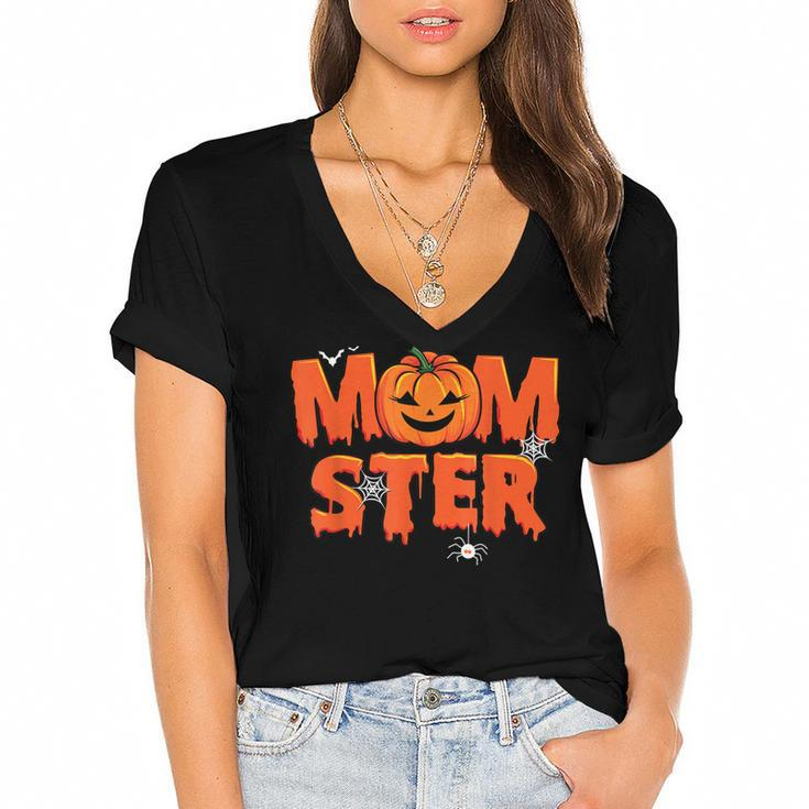 Funny Momster Halloween Mom Pumpkin Costume Family Matching  Women's Jersey Short Sleeve Deep V-Neck Tshirt