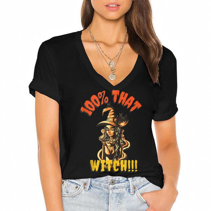 Funny Scary Halloween 100 That Witch Witchy Cat  Women's Jersey Short Sleeve Deep V-Neck Tshirt