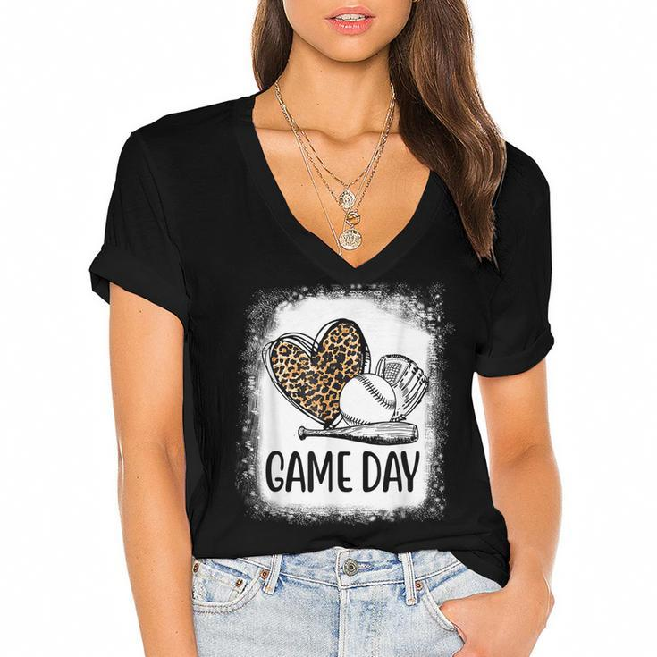 Game Day Baseball Decorations Leopard Heart Soccer Mom Mama  Women's Jersey Short Sleeve Deep V-Neck Tshirt