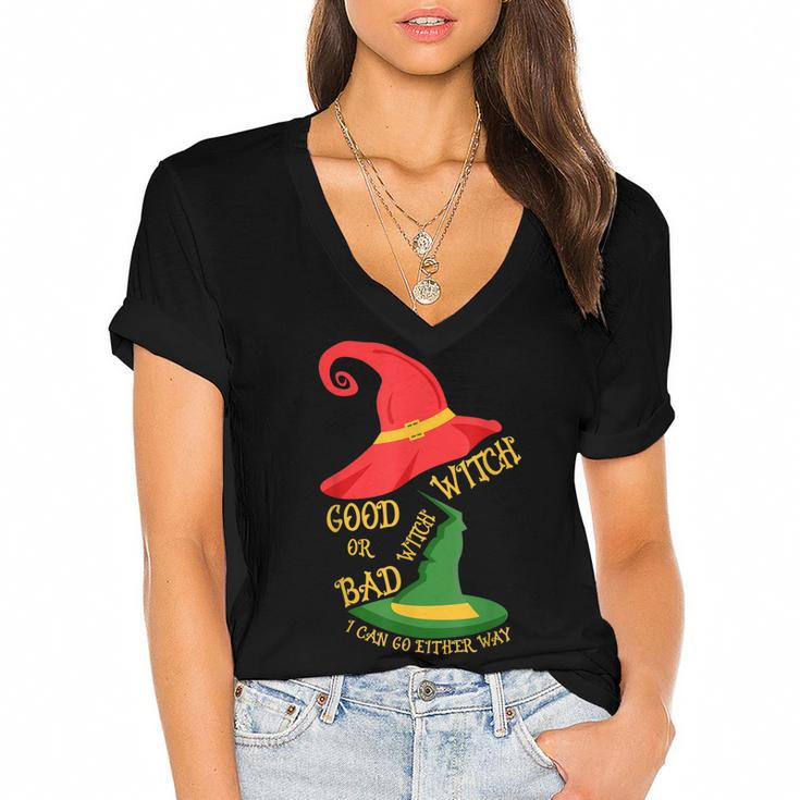 Good Witch Bad Witch I Can Go Either Way Halloween Costume  Women's Jersey Short Sleeve Deep V-Neck Tshirt