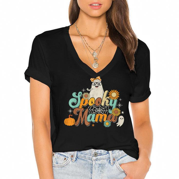 Groovy Spooky Mama Ghost Boo Halloween Costume Retro Hippie  Women's Jersey Short Sleeve Deep V-Neck Tshirt