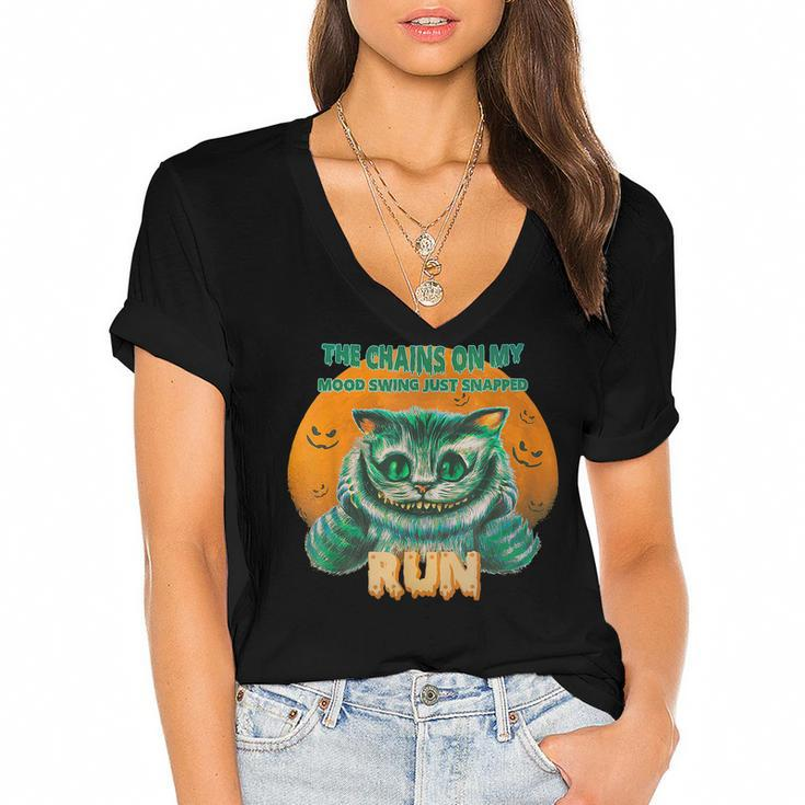 Halloween Cat The Chains On My Mood Swing Just Snapped Run  V2 Women's Jersey Short Sleeve Deep V-Neck Tshirt