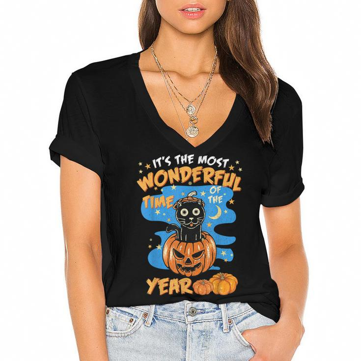 Halloween Its The Most Wonderful Time Of The Year Cat Witch  Women's Jersey Short Sleeve Deep V-Neck Tshirt - Thegiftio