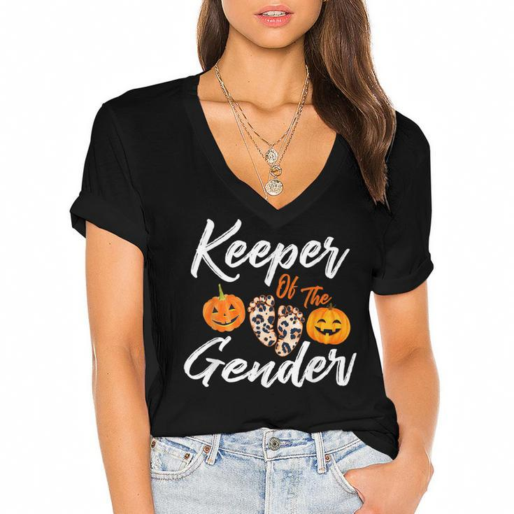Halloween Keeper Of The Gender Reveal Pumpkin Party Leopard  Women's Jersey Short Sleeve Deep V-Neck Tshirt