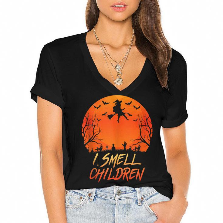 Halloween Pregnancy Announcement Witch I Smell Children Women's Jersey Short Sleeve Deep V-Neck Tshirt